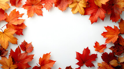 Vibrant red, orange, and yellow autumn maple leaves create a decorative frame on a white background.