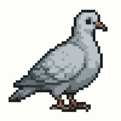 Fototapeta premium Pixel art pigeon stands attentively, a charming retro avian character for digital projects