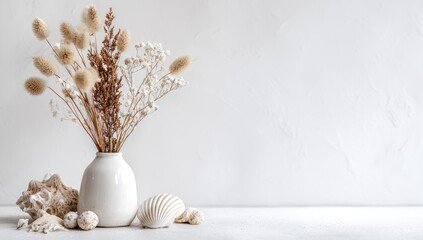 Dried flowers in white vase, seashells (1)