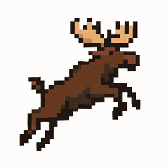 Fototapeta premium Dynamic pixel art moose leaping with antlers, capturing a retro gaming adventure feel