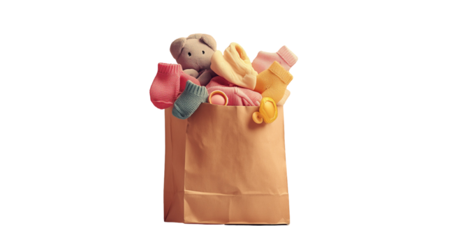 A paper shopping bag placed on a plain, soft-colored background. Children's items such as a plush toy, baby clothes, colorful