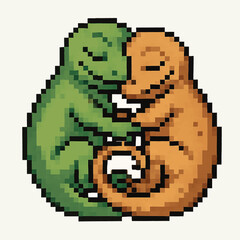 Obraz premium Adorable pixel art lizards embracing in a warm, loving hug, conveying friendship and connection