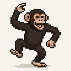 Fototapeta premium Joyful chimpanzee pixel art character enthusiastically dancing with arms raised high