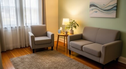 Fototapeta premium Calm interior scene with two armchairs and a painting conveying tranquil emotion