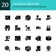 Package Delivery Glyph Black Silhouette Icon Sheet Design Vector - package handling, shipping logistics, global delivery, tracking, fragile goods, return processes, courier service, warehouse storage