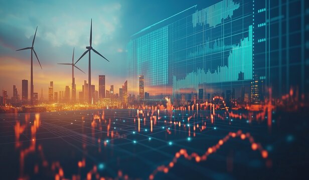 futuristic digital stock market graph with wind turbines and cityscape background symbolizing sustainable green energy financial growth and virtual data technology for eco friendly business models