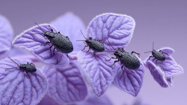 Swarm of slender black thrips infesting velvety leaves of African violet plant in daylight
