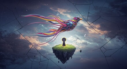 Vibrant bird breaks free from reality, soaring towards the keyhole of opportunity in the sky