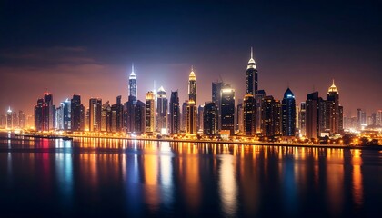 Obraz premium City skyline at night reflected in water.
