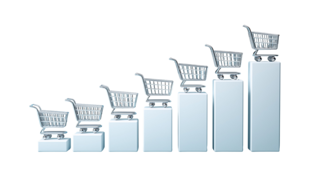 A series of rising bar charts with shopping carts on top, representing the growth in online sales and retail channeling
