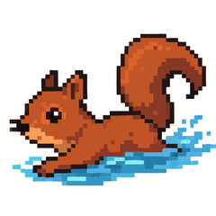 Obraz premium Pixel art squirrel splashes through vibrant blue water with playful energy
