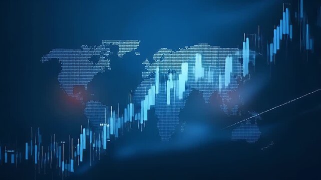 World map and stock market graph with candlestick chart, blue background vector illustration. Business technology global concept for business exchange of medical products