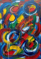 Fototapeta premium Bold Impressionistic Abstract Painting with Circular Motifs and Vivid Palette