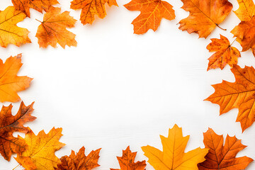 Vibrant orange and yellow autumn maple leaves arranged in a decorative frame on a white background.