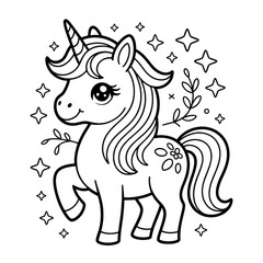 Sparkling Glitter Unicorn Illustration Magical Creature with Stars and Flowers
