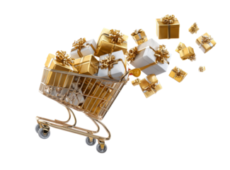 A shopping cart full of gifts, flying out of the window on a white background, with golden-colored and shiny gift boxes