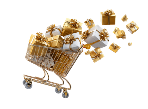 A shopping cart full of gifts, flying out of the window on a white background, with golden-colored and shiny gift boxes
