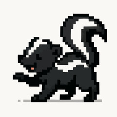 Obraz premium Charming pixel art skunk with striped tail, perfect for retro game design and playful branding.