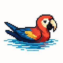 Obraz premium Charming pixel art scarlet macaw swims gracefully through vibrant blue water