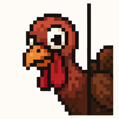 Fototapeta premium Retro pixel art turkey peeking playfully, perfect for festive holiday designs and retro gaming themes.