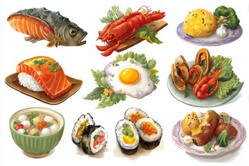 Delicious Food Illustration: Seafood, Sushi, and More