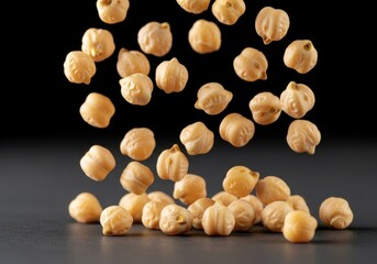 Fototapeta premium Studio shot showcases chickpeas in dynamic descent against dark backdrop