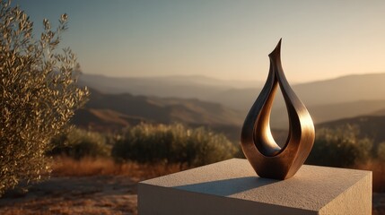 Minimalist bronze amphora symbolizes heritage amidst Catalonia's sun-drenched groves