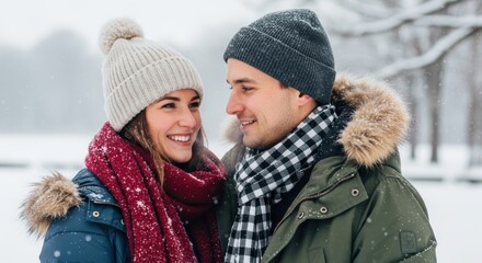 Fototapeta premium Couple enjoys winter snowfall: Capturing a sweet moment of affection and warmth
