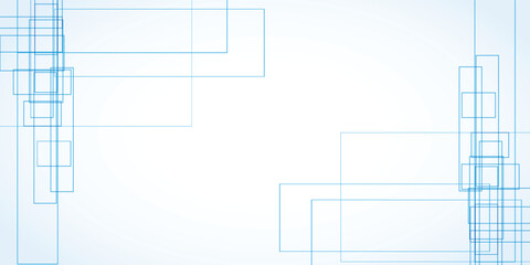 Abstract graphic design with overlapping rectangles and squares in light blue lines on a light gray background.