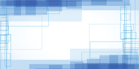 Abstract background with translucent blue squares forming a frame on a white backdrop.