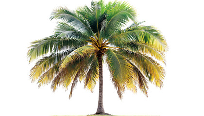 A single, lush coconut palm tree with green and yellow fronds isolated on a white background.
