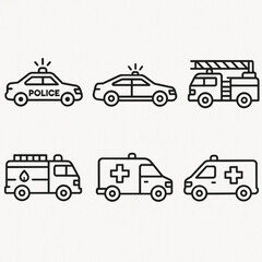 Emergency Vehicle Icons – Police Car, Fire Truck, Ambulance – Minimalist Black Line Set
