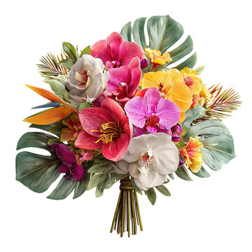 Tropical bouquet with monstera, palm, and orchid mix, on isolated white background --s 250