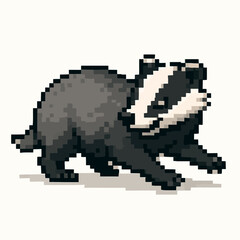Fototapeta premium Charming pixel art badger scampers forward with distinctive markings, perfect for retro games or nature designs.