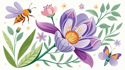 A detailed image of a flower accompanied by a bee, both prominently displayed on a white background, emphasizing their connection..eps
