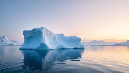 A colossal, tabular iceberg drifts serenely in the tranquil arctic waters. The sea is glass smooth, mirroring the pastel hues of the sunrise