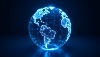 A luminous digital globe dominates a dark blue backdrop, its surface etched with a network of glowing lines