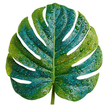 Tropical leaf with water droplets for freshness effect, on isolated white background --s 250