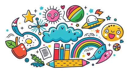 A colorful doodle depicting an assortment of children's toys, such as cars, balls, and action figures..eps