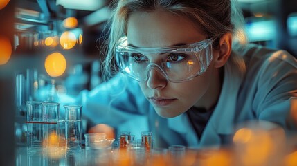 Woman in a lab coat and goggles looking at a glass female scientist