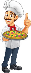 A chef cook holding a pizza cartoon food man mascot character illustration