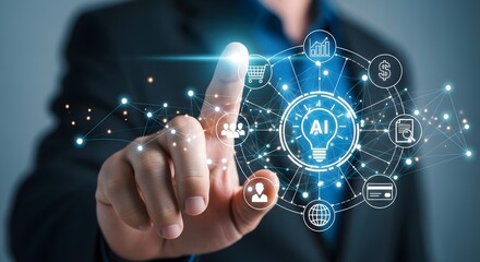 Man Touching Futuristic AI Network Visualization - Technology, Business, Innovation Concept