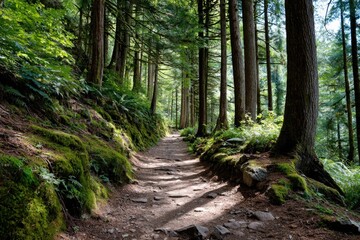 Obraz premium forest through towering trees whose thick trunks disappear into a lush canopy overhead