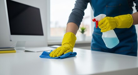 Person Cleaning Office Desk with Spray Bottle and Microfiber Cloth, Hygiene and Sanitization Concept
