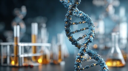 DNA double helix with lab equipment, centrifuges in background, gold and blue, genetics research