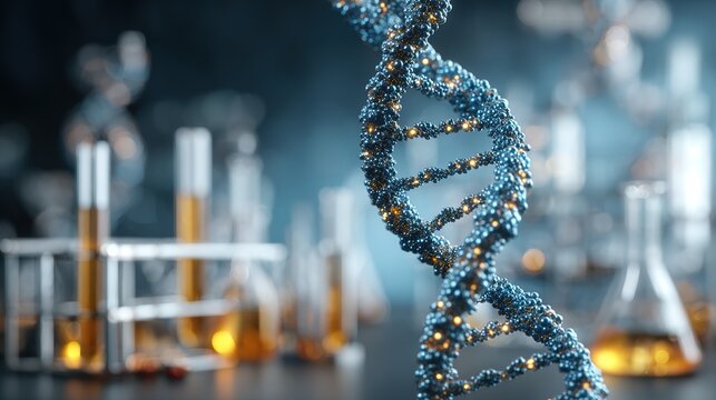 DNA double helix with lab equipment, centrifuges in background, gold and blue, genetics research