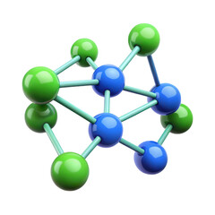 Obraz premium Three dimensional molecular structure of green and blue spheres connected by rods isolated on transparent background