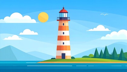 Colorful lighthouse stands tall on an island in a picturesque landscape.