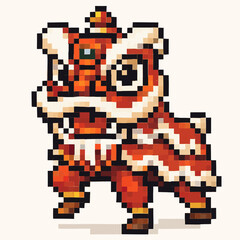 Pixelated Chinese Lion Dance symbol of luck and celebration for festive designs and events