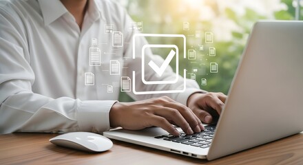 Man Working on Laptop with Checkmark and Data Overlay - Business and Technology Concept